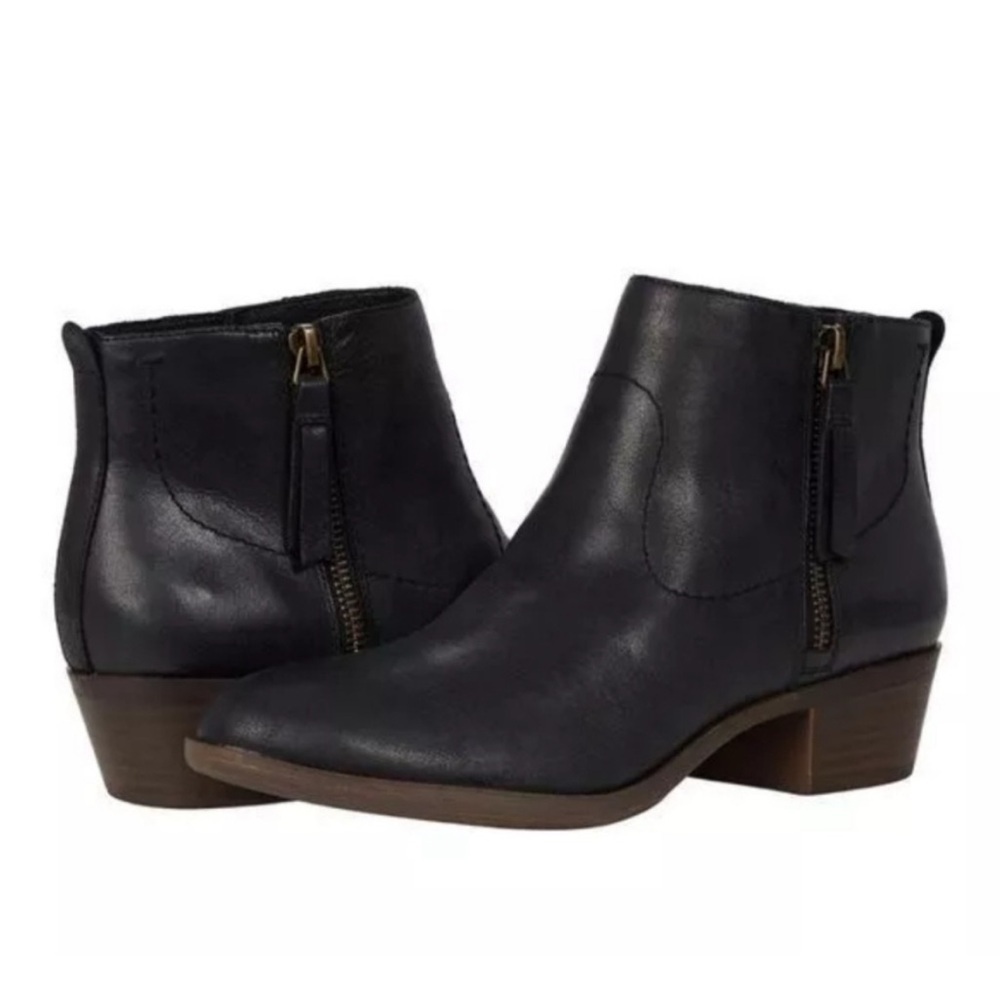 Lucky Brand Blandre Black Leather Ankle Booties Women’s Size 5 side Zipper